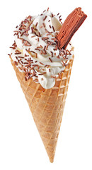 VANILLA ICE CREAM CONE WITH CHOCOLATE ON WHITE