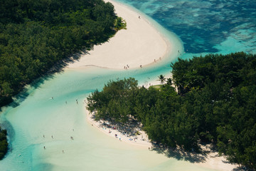 Aerial picture of l’île aux Cerfs in the turquoise lagoon of Mauritius tropical island 