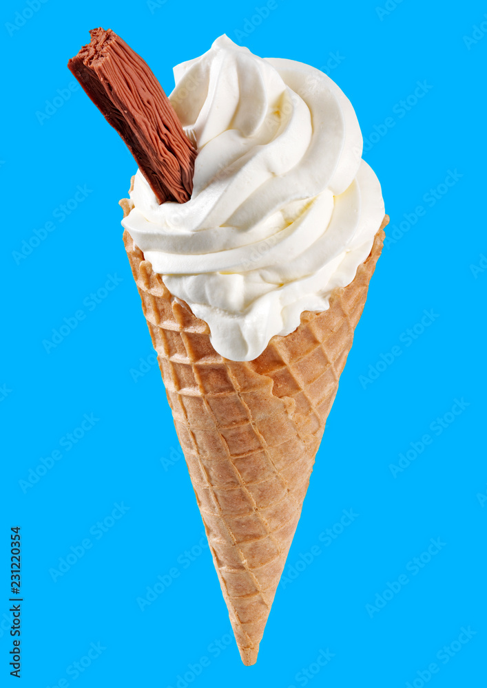 Sticker VANILLA ICE CREAM CONE WITH CHOCOLATE FLAKE ON BLUE