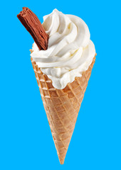VANILLA ICE CREAM CONE WITH CHOCOLATE FLAKE ON BLUE