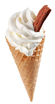 VANILLA ICE CREAM CONE WITH CHOCOLATE FLAKE ON WHITE