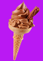CHOCOLATE ICE CREAM IN CONE WITH CHOCOLATE FLAKE ON PURPLE