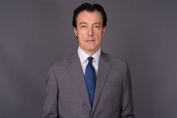Portrait of mature handsome businessman against gray background