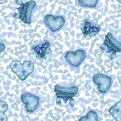 Seamless pattern with blue winter watercolor hearts