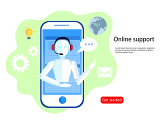 Vector illustration, customer service, chatbot hotline operator advises client, online global technical support 24-7, customer and robot operator. Artificial intelligence consulting people