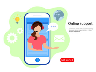 Landing page template customer and operator, online technical support 24-7 for web page. Vector illustration male hotline operator advises client. Online assistant, virtual help service 