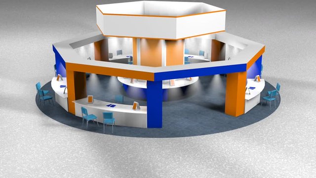 3D animation of a kiosk for sales at an octagonal fair with chairs for customers and vendors on a circular carpet. Stand in white, blue and orange colors on white background. Loop sequence