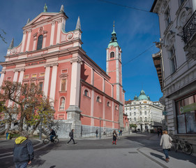 Obraz premium Main square in Ljubljana with franciscan church, Slovenia
