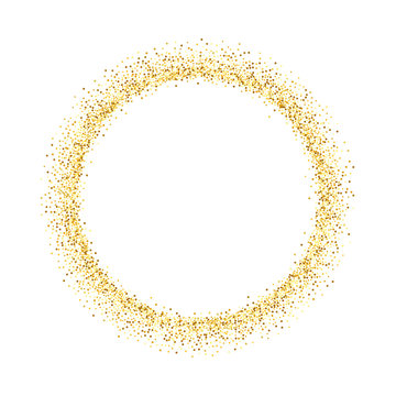 Gold Circle Glitter Frame. Golden Confetti Dots Round On White Background. Bright Texture Pattern For Christmas Celebration Party, New Year Card. Glow Border. Abstract Design. Vector Illustration