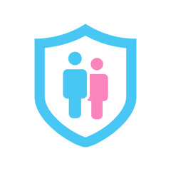 Family, couple Insurance Solutions and Services Icon with shield. protection concept. Flat Design. vector illustration isolated on white background.