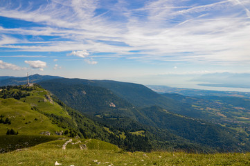 Fototapeta na wymiar Cliff, valley and a refuge in Jura mountains, France.