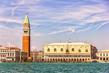 Fototapeta na wymiar The Doge's Palace, the Campanile, National Library of St Mark's, in Venice, view from the canal
