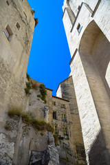 Architectural details of the iconic Palais Des Papes in Avignon, Provence, France