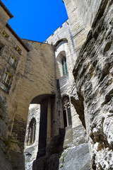 Architectural details of the iconic Palais Des Papes in Avignon, Provence, France