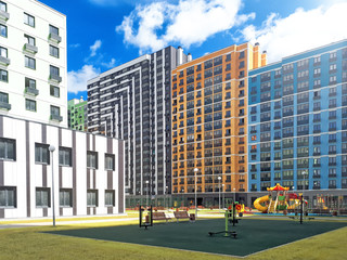 City skyline street view on colorful facade of new residential complex  with kids playground against blue clouds sky background architecture cityscape