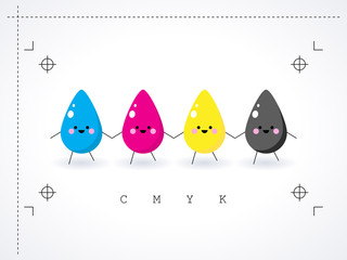 CMYK color model drops. Prepress proofing concept. Provider of printer ink and toner, letterpress printers. Keep printing!