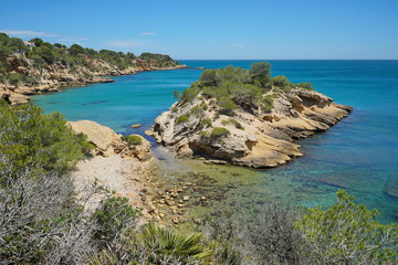 Spain Costa Dorada, rocky coast with an islet, l'Illot, Mediterranean sea, Catalonia, L'Ametlla de Mar, Tarragona