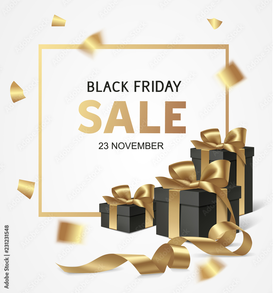 Wall mural black friday sale design template. vector banner with black gift boxes and golden bow. holiday decor