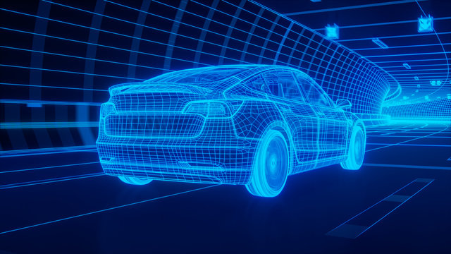 Blue wireframe Modern Electric car rides through Blue tunnel 3d rendering