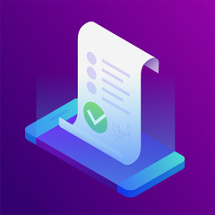 Blockchain, smart contract concept. Online business with digital signature. 3d isometric illustration.