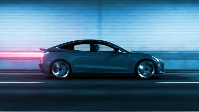 Modern Electric car rides through tunnel with cold blue light style
