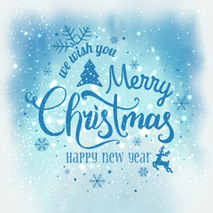 Christmas and New Year typographical on snowy background with sparking, light, stars. Glowing glitter light effects. Xmas card
