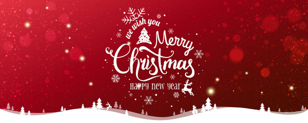 Christmas and New Year Typographical on snowy Xmas background with winter landscape with snowflakes, light, stars. Merry Christmas