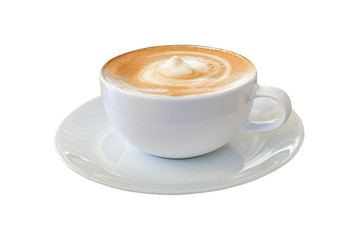 Hot coffee cappuccino latte in white cup with stirred spiral milk foam texture isolated on white...