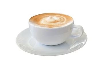 Foto op Plexiglas Hot coffee cappuccino latte in white cup with stirred spiral milk foam texture isolated on white background, clipping path included. © Chansom Pantip