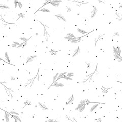 Vector winter seamless pattern. Hand drawn branches on snow background. Monochrome. Christmas wrapping paper template.