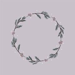 Hand drawn winter wreath of pine branches, berries and snow. Pink background. Nature vector illustration.