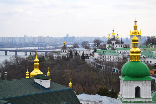 Kyiv - tops of Kiev Pechersk Lavra and view over Dneper and city