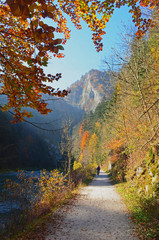 Autumn walk alongside Dunajec river in Pieniny national park, Slovakia