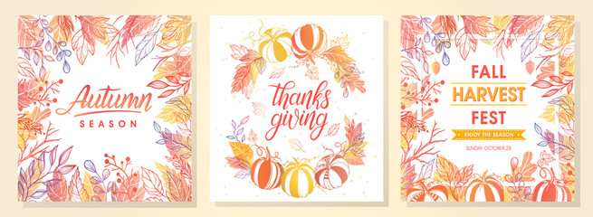 Autumn seasonals postes with autumn leaves and floral elements in fall colors.Autumn greetings cards perfect for prints,flyers,banners,invitations,promotions and more.Vector autumn illustration..