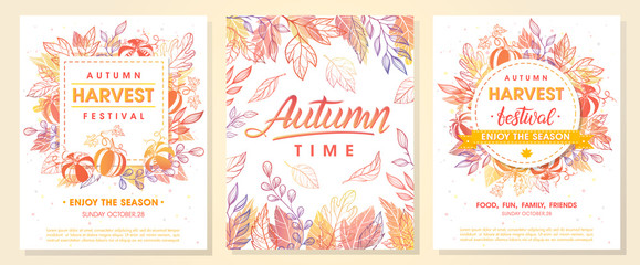 Autumn seasonals postes with autumn leaves and floral elements in fall colors.Autumn greetings cards perfect for prints,flyers,banners,invitations,promotions and more.Vector autumn illustration..