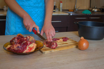 Preparing meal, meat and vegetables. Chef cutting meat on cutting board