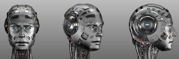 Futuristic robot head from different angles. Isolated on gray background. 3D Render. - obrazy, fototapety, plakaty