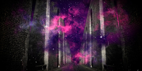 Magic tunnel, night view, cosmic dust. Dark abstract magic background.