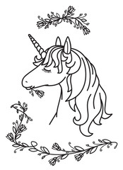 Vector cute unicorn portrait and floral elements,  black silhouette  isolated on white for coloring. © rvika