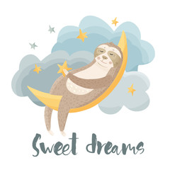 Naklejka premium Cartoon sloth dreaming lazy bear 