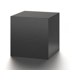 Black cube blank box from front top far angle. 3D illustration isolated on white background.