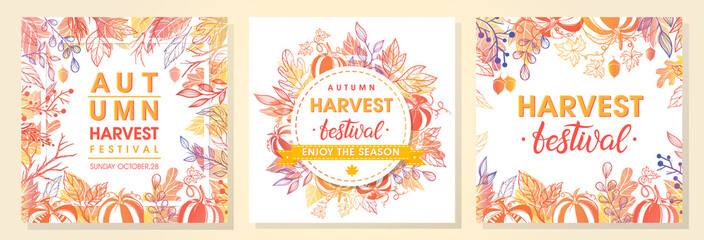 Autumn harvest festival postes with autumn leaves and floral elements in fall colors.Harvest fest design perfect for prints,flyers,banners,invitations,promotions and more.Vector autumn illustration..
