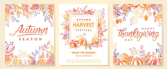 Foto op Canvas Autumn seasonals postes with autumn leaves and floral elements in fall colors.Autumn greetings cards perfect for prints,flyers,banners,invitations,promotions and more.Vector autumn illustration.. © Xenia Artwork 