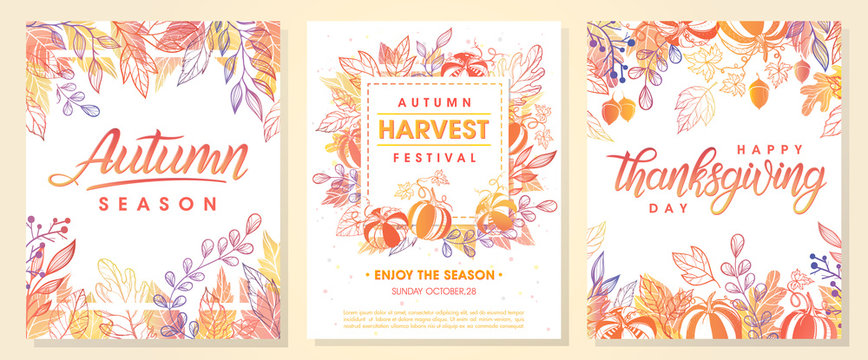 Autumn seasonals postes with autumn leaves and floral elements in fall colors.Autumn greetings cards perfect for prints,flyers,banners,invitations,promotions and more.Vector autumn illustration..