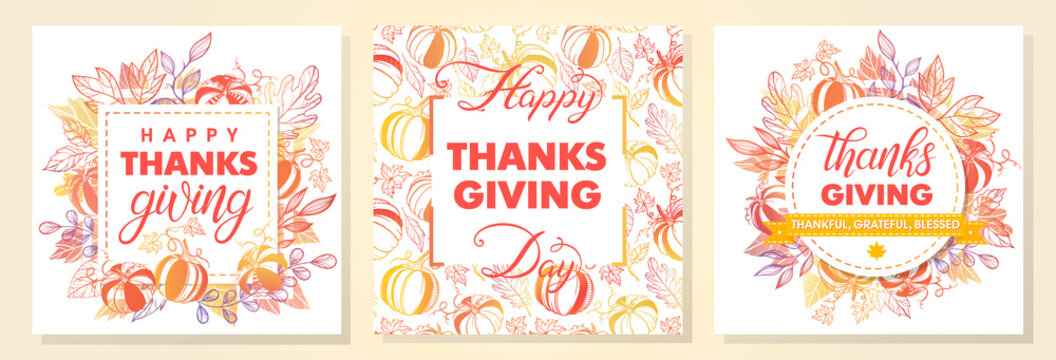 Collection of Thanksgiving Day greetings,hand painted lettering,autumn bouquets,pumpkins and leaves.Perfect for prints,flyers,cards,promos,holiday invitations and more.