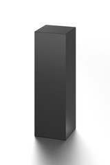 Black long vertical blank box from front top far angle. 3D illustration isolated on white background.