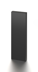 Black long vertical blank box from front top far angle. 3D illustration isolated on white background.