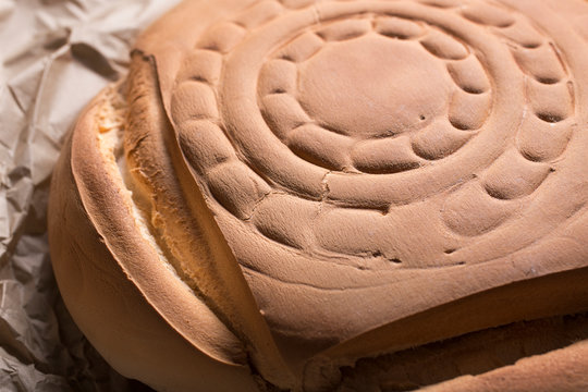 Rustic bread Typical spanish bread called candeal  a dense, firm white bread made from an ancient wheat . Close up