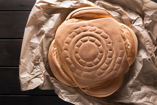 Rustic bread Typical spanish bread called candeal  a dense, firm white bread made from an ancient wheat . Top view