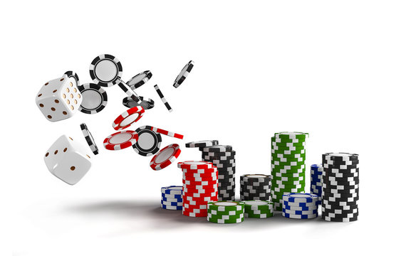 Casino background dice and chips. White dice and chips on white background. Online casino concept with place for text. 3d rendering.